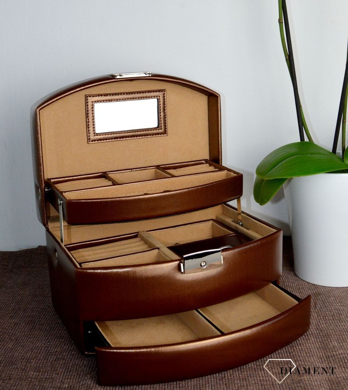 Szkatułka na biżuterię damska w kolorze brązowym 3 poziomowa SP-789A21. Szkatułki do przechowywania biżuterii. Połączenie niezwyklej funkcjonalności i precyzji wykonania (4).JPG