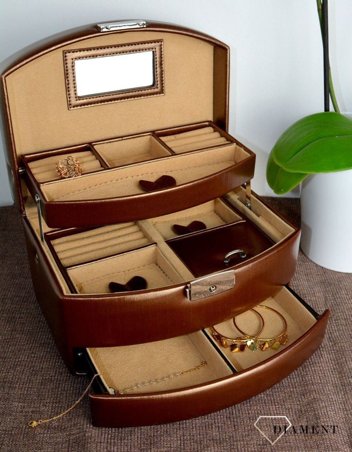 Szkatułka na biżuterię damska w kolorze brązowym 3 poziomowa SP-789A21. Szkatułki do przechowywania biżuterii. Połączenie niezwyklej funkcjonalności i precyzji wykonania (4).JPG