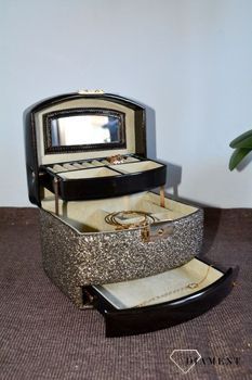Szkatułka na biżuterię damska 3 poziomowa złoty brokat SP-8073A21. Rozkładany kuferek na biżuterie z uchwytem ze skóry w kolorze brązowym.  (4).JPG