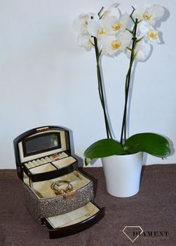 Szkatułka na biżuterię damska 3 poziomowa złoty brokat SP-8073A21. Rozkładany kuferek na biżuterie z uchwytem ze skóry w kolorze brązowym.  (5).JPG