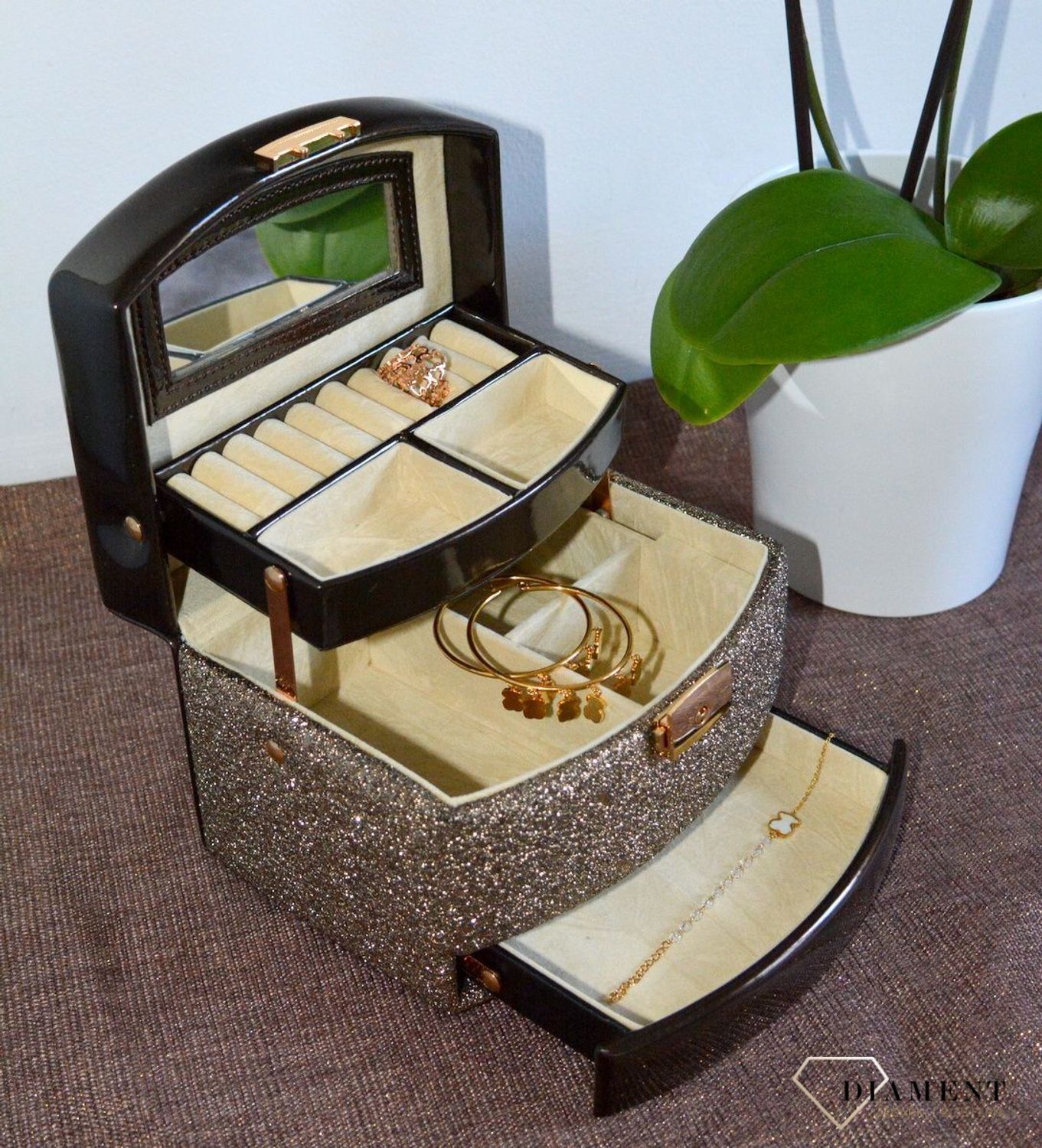 Szkatułka na biżuterię damska 3 poziomowa złoty brokat SP-8073A21. Rozkładany kuferek na biżuterie z uchwytem ze skóry w kolorze brązowym.  (12).JPG