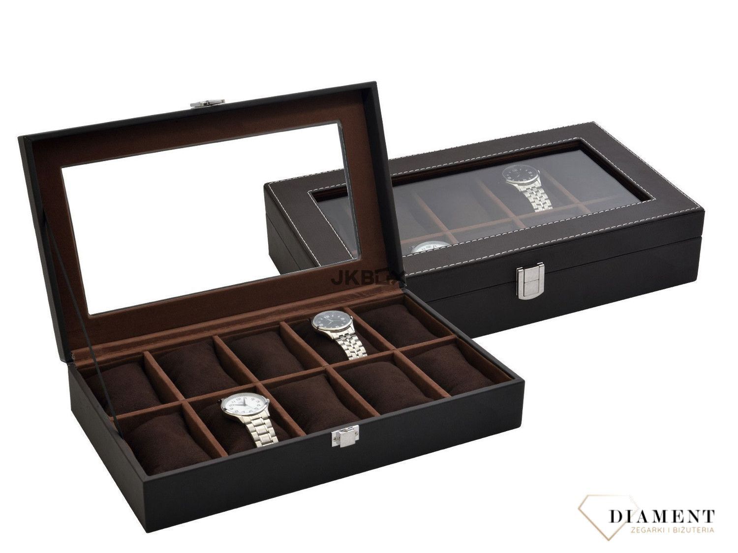 Brązowe pudełko na zegarki ze szklaną pokrywą 10 zegarków SP-937A21.jpg