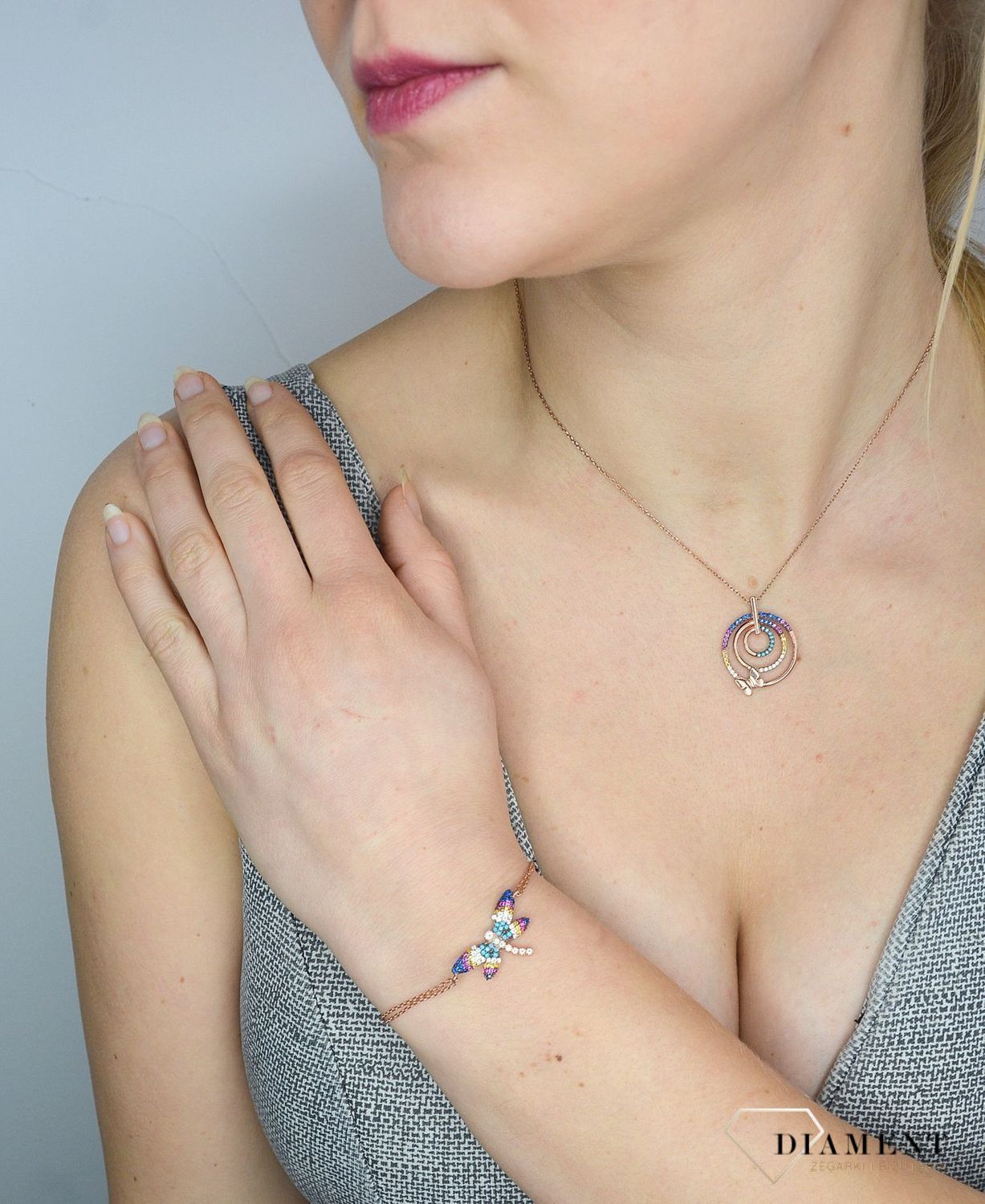 Srebrna bransoleta pozłacana, kolorowa ważka SQB00000-058.jpg