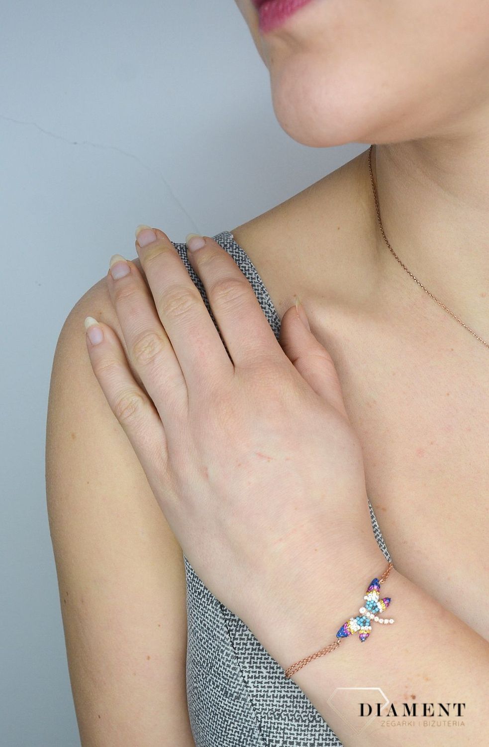 Srebrna bransoleta pozłacana, kolorowa ważka SQB00000-058.jpg