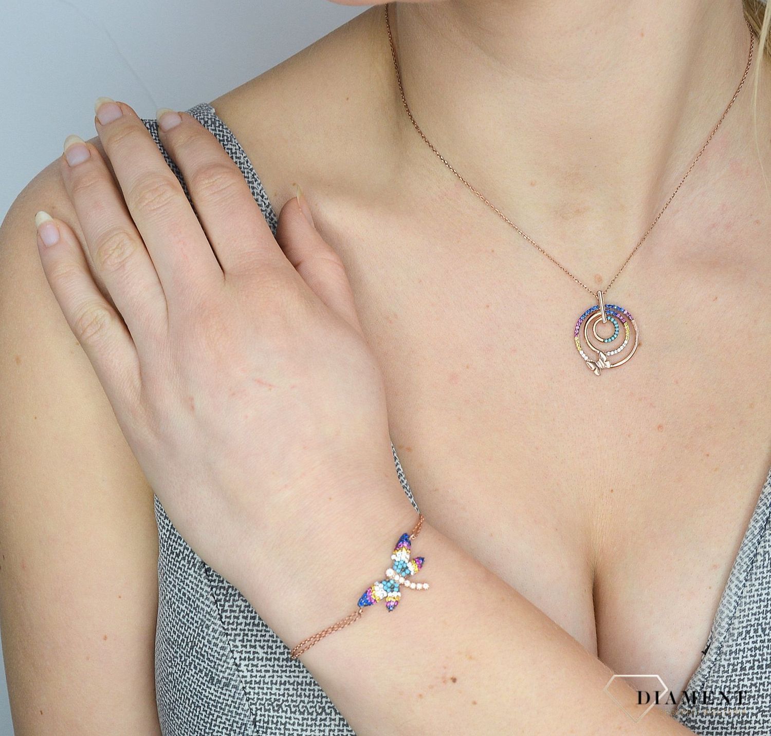 Srebrna bransoleta pozłacana, kolorowa ważka SQB00000-058.jpg