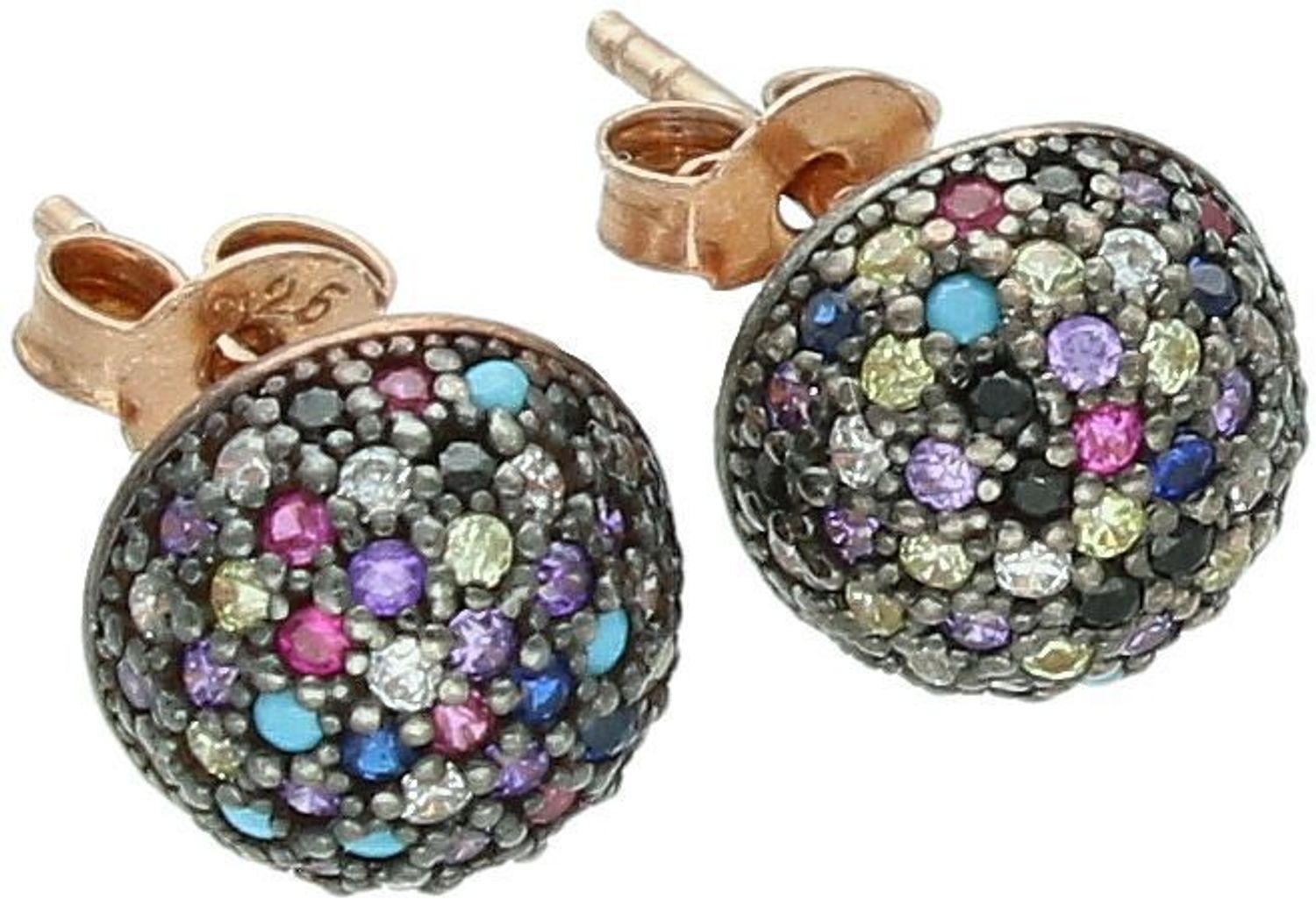 Kolczyki srebrne pozłacane próby 925, półkulki z kolorowymi cyrkoniami, zapięcie na sztyft, wielkość 8 mm. Subtelna biżuteria z pięknym blaskiem.1.jpg