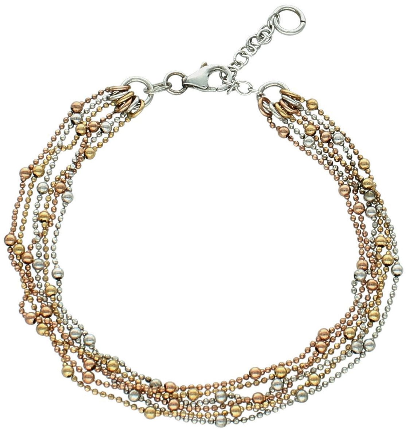 Elegancka bransoletka damska z 6 łańcuszków ozdobionych kuleczkami – srebrne, pozłacane żółtym i różowym złotem. Regulowana długość 18–21,5 cm, zapięcie na karabińczyk.1.jpg