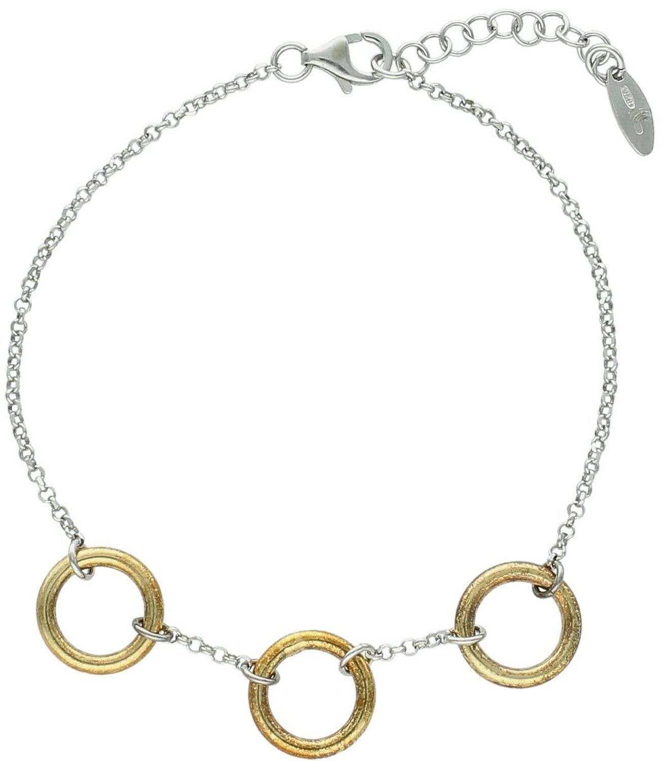 Stylowa srebrna bransoletka z trzema pozłacanymi otwartymi kółeczkami. Waga 3,31 g, długość 18 cm z przedłużką 3 cm. Idealna do codziennych i eleganckich stylizacji.1.jpg