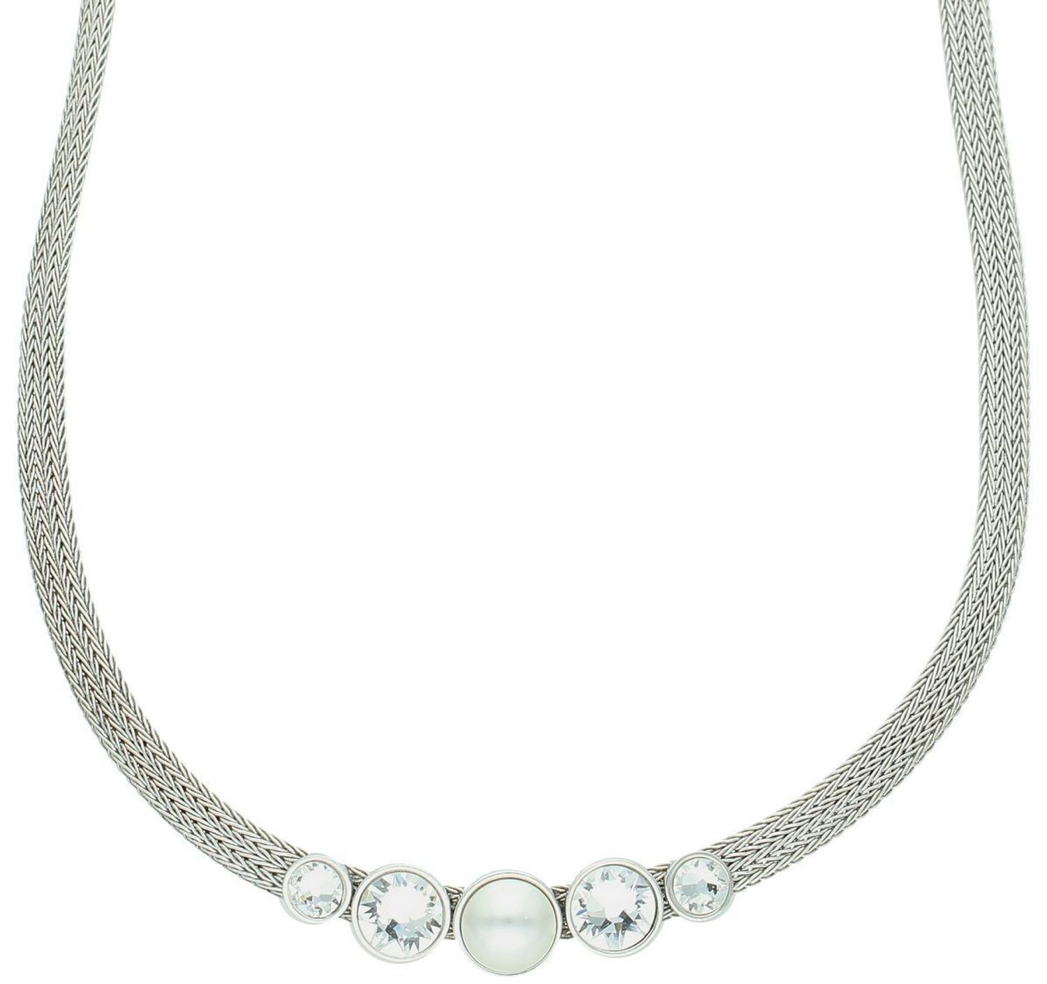 Srebrny naszyjnik delikatny łańcuszek z kryształami i perełką.jpg