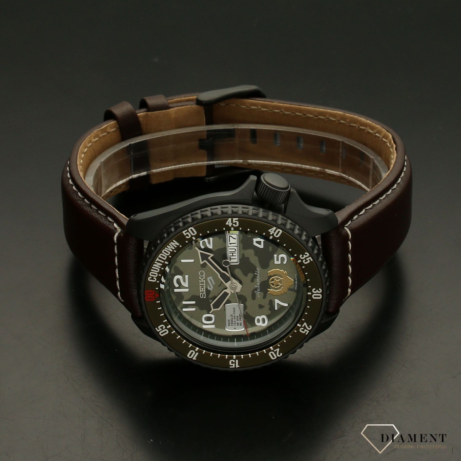 Zegarek męski Seiko SRPF21K1 z tarczą moro i brązowym paskiem.jpg