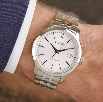 Klasyczny zegarek męski Seiko SRPH85K1 z automatycznym mechanizmem, srebrną tarczą, stalową bransoletą i wodoszczelnością 100 m (1).webp