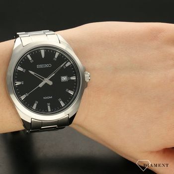 Klasyczny zegarek męski stalowa koperta i czarna tarcza. Zegarek męski na bransolecie (1).jpg