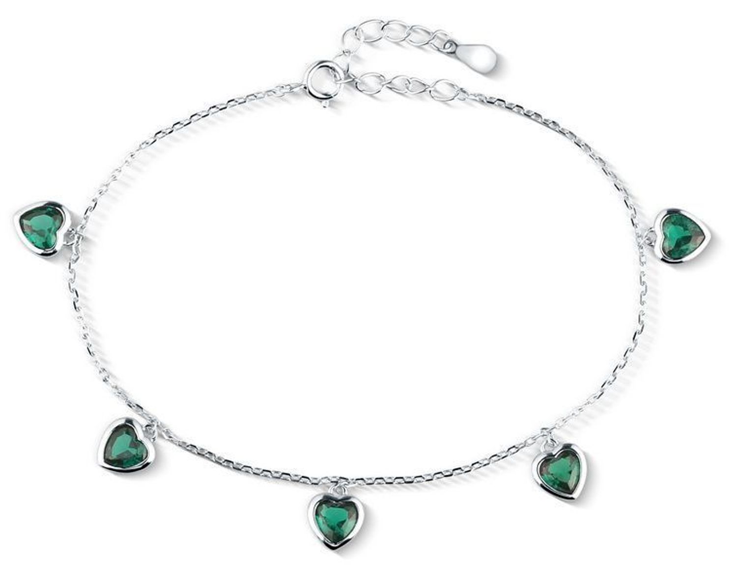 Srebrna Bransoletka Celebrytka 925 – 5 Serduszek z Zielonymi Cyrkoniami.jpg