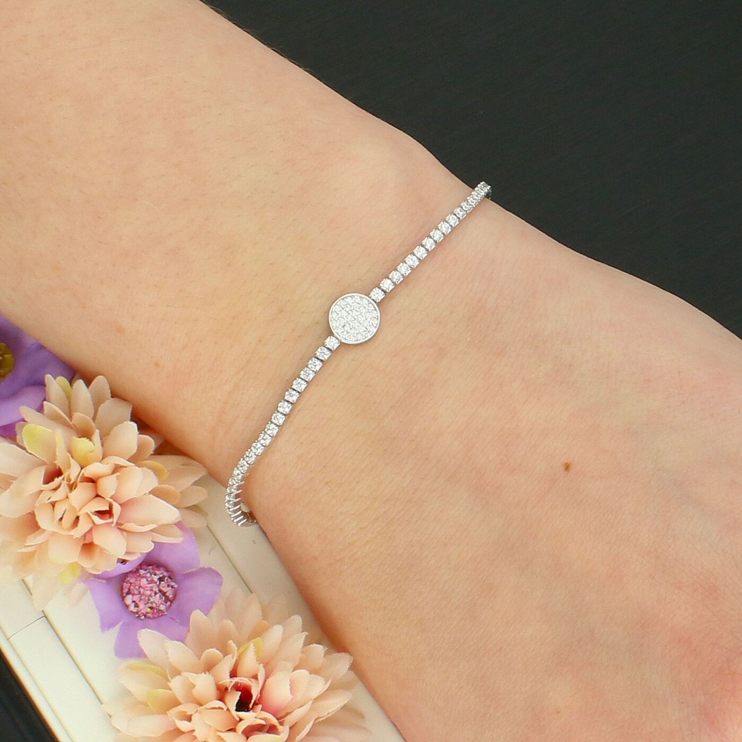 Srebrna Bransoletka Tenisówka 925 z Białą Cyrkonią i Ozdobnym Kółkiem 17+3 cm.jpg