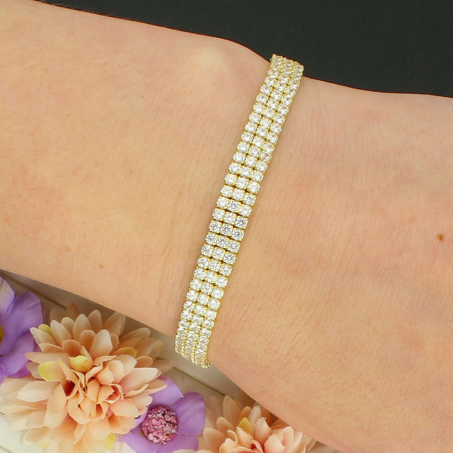 Pozłacana Bransoletka Celebrytka 925 – Tenisówka z 3 Rzędami Cyrkonii.jpg