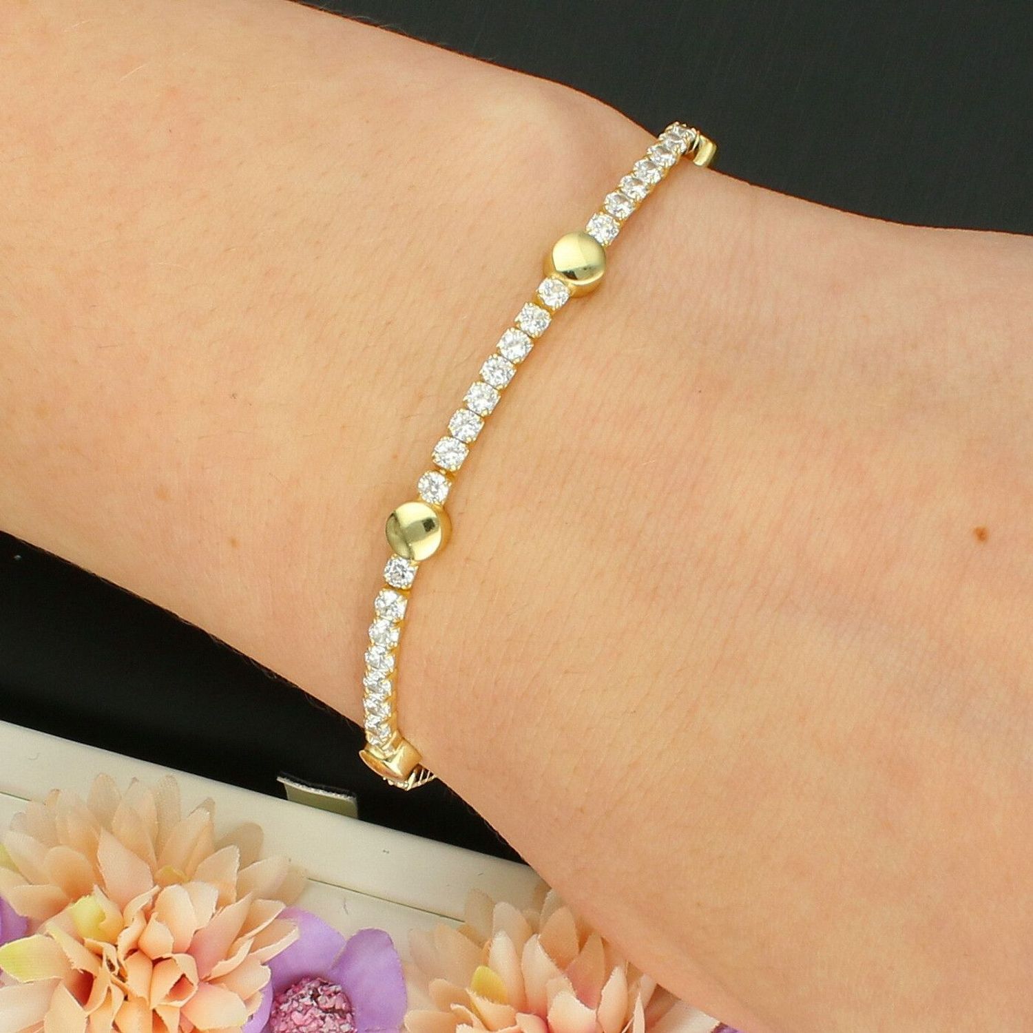 Bransoletka Damska Pozłacana 925 – Białe Cyrkonie i Złote Kuleczki.jpg