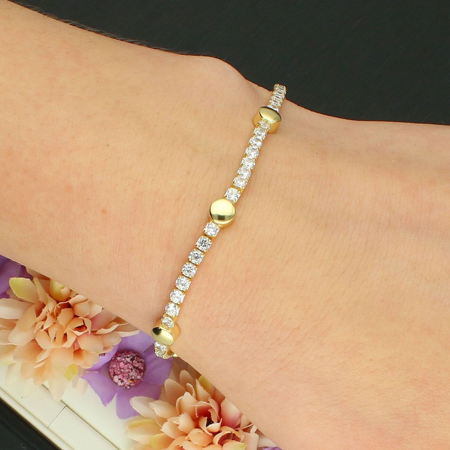 Bransoletka Damska Pozłacana 925 – Białe Cyrkonie i Złote Kuleczki.jpg