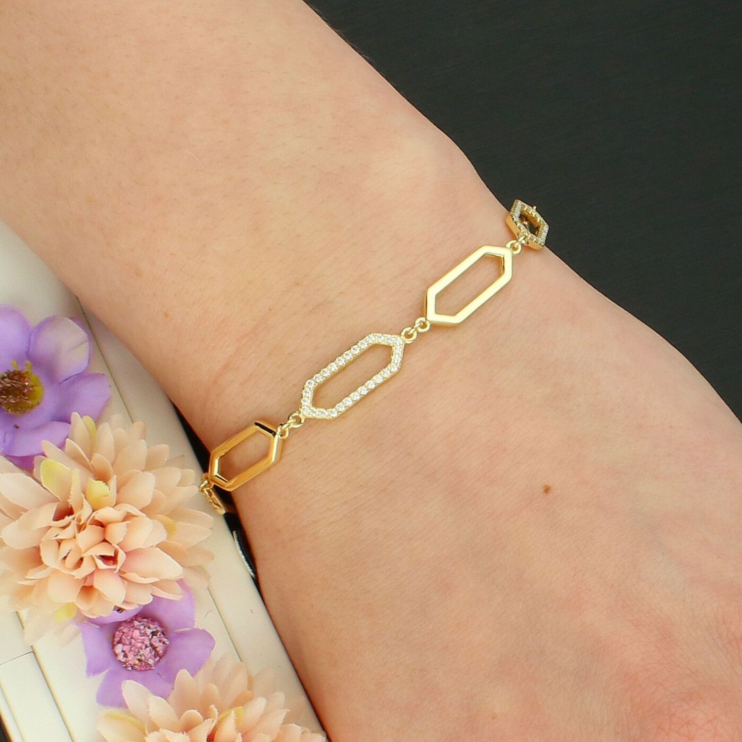 Srebrna pozłacana bransoletka damska z ogniwami i cyrkoniami – srebro 925.jpg