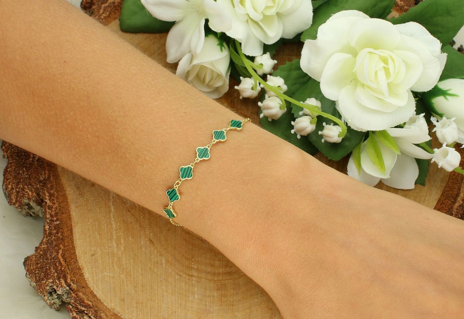 Pozłacana srebrna bransoletka z koniczynkami i malachitem  Srebro 925  17 cm + 2 cm (1).jpg