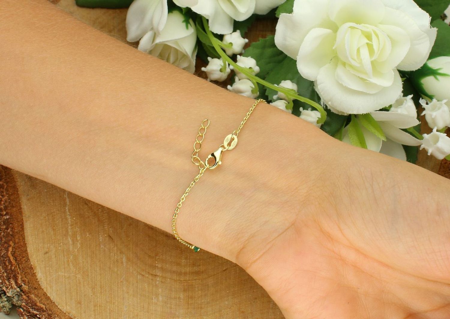 Pozłacana srebrna bransoletka z koniczynkami i malachitem  Srebro 925  17 cm + 2 cm (1).jpg