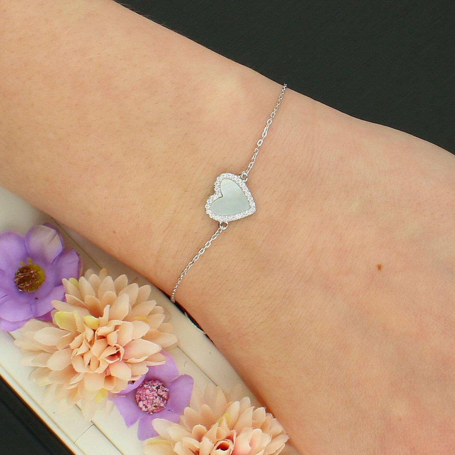 Srebrna Bransoletka Celebrytka 925 z Sercem z Masy Perłowej 17+3 cm 20cm.jpg