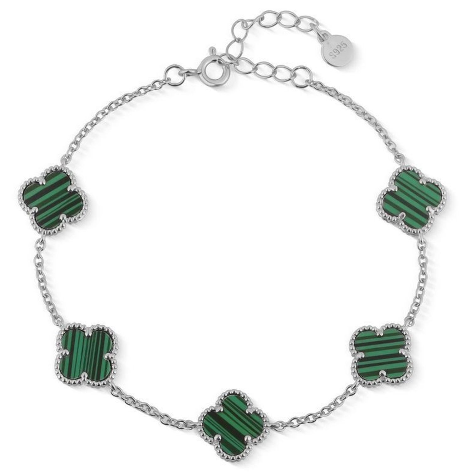 Srebrna bransoletka damska z koniczynkami i malachitem – srebro 925 SVLB0930SK6ZE.jpg