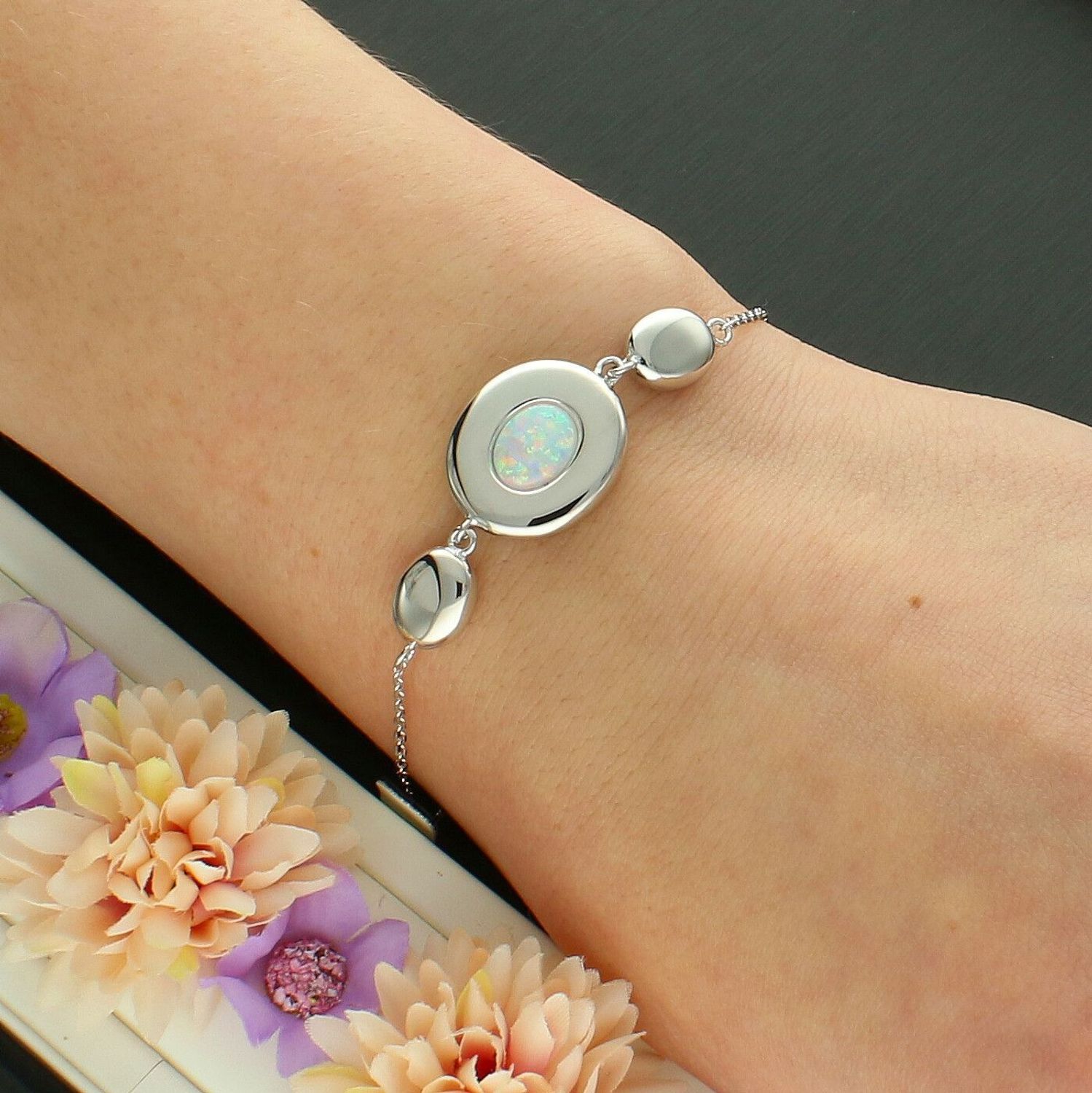 Srebrna Bransoletka Celebrytka 925 – Trzy Ogniwa z Syntetycznym Opalem 17+3 cm.jpg