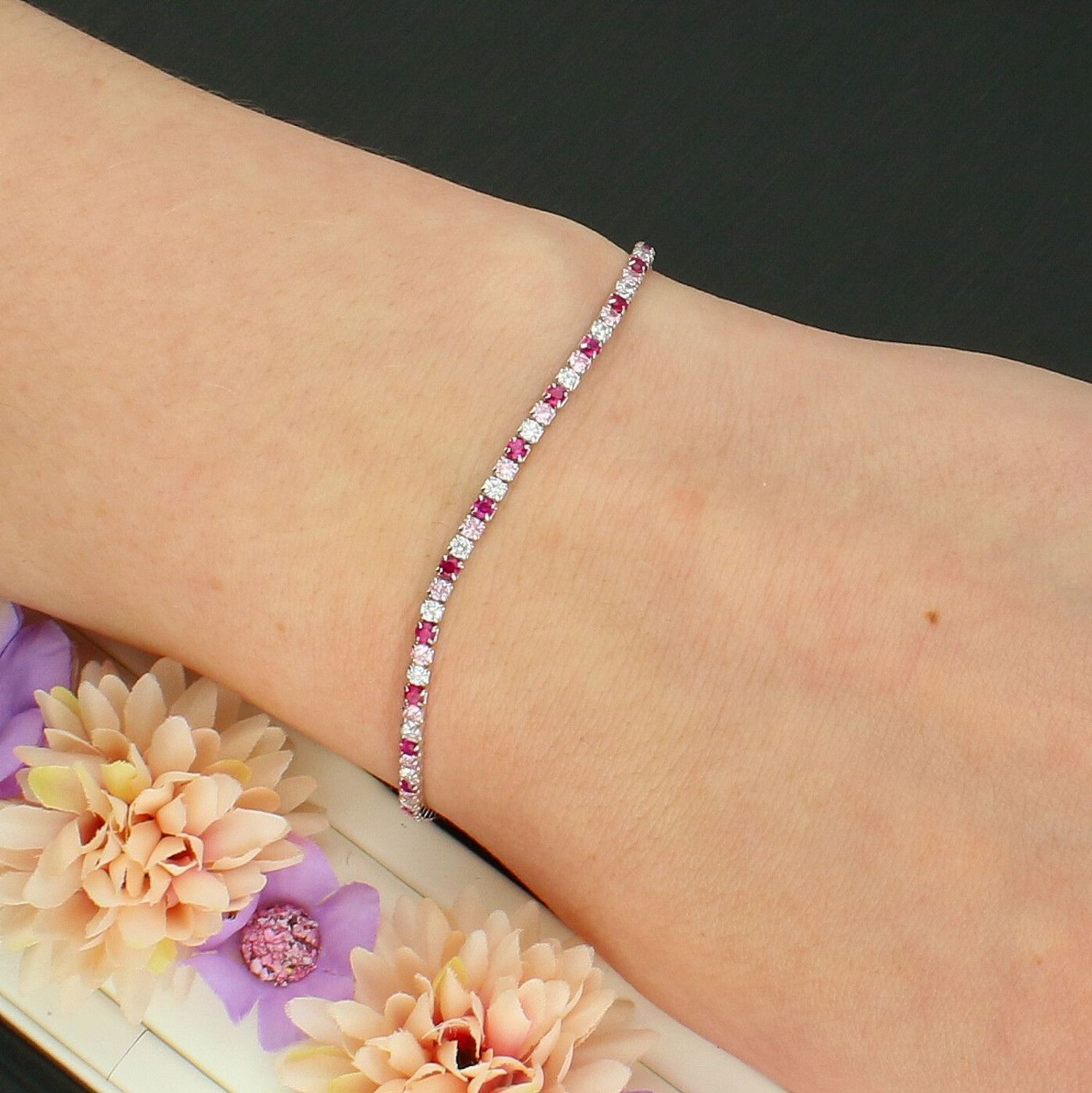 Srebrna Bransoletka Tenisówka 925 z Różową Cyrkonią 17+3 cm.jpg