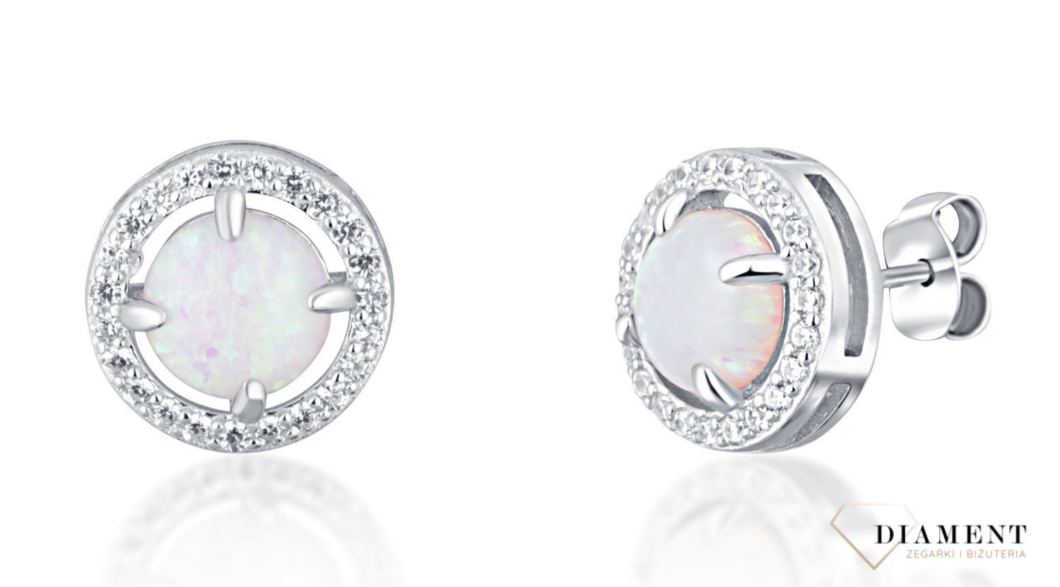 Srebrne okrągłe kolczyki ozdobione opalem i cyrkonią na sztyft. Delikatne kolczyki wykonane z najwyższej jakości srebrna próby 925 wyglądają bardzo elegancko. Kolczyki w minimalistycznym stylu (2).jpg