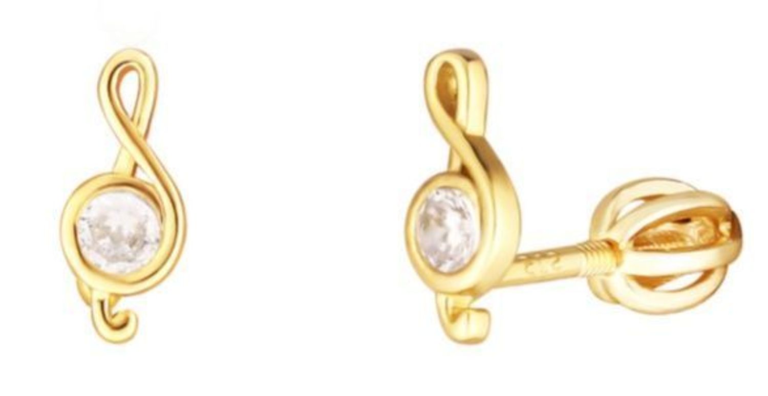 Kolczyki pozłacane klucz wiolinowy z cyrkonią sztyft wkręcany JVD SVLE1822XH2GOSR.jpg
