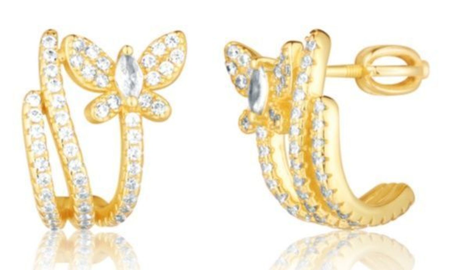 Kolczyki pozłacane kółka potrójne z motylem i cyrkoniami sztyft wkręcany JVD.jpg
