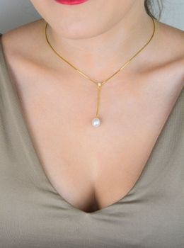 Pozłacany naszyjnik damski srebro 925 z perłą i cyrkonią – długość 45 cm + 5 cm  Elegancka biżuteria (5).JPG