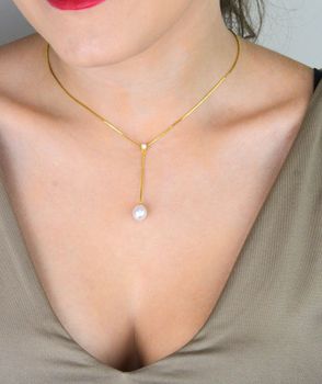 Pozłacany naszyjnik damski srebro 925 z perłą i cyrkonią – długość 45 cm + 5 cm  Elegancka biżuteria (6).JPG