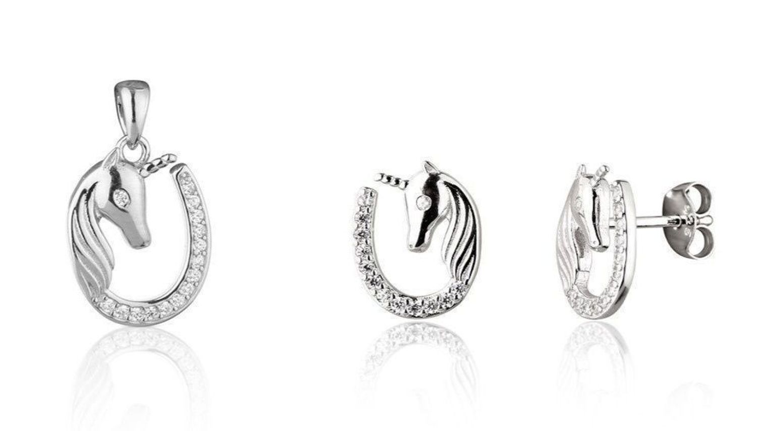 Srebrny komplet dziecięcy 925 jednorożce w podkowie z cyrkoniami – kolczyki i zawieszka.jpg