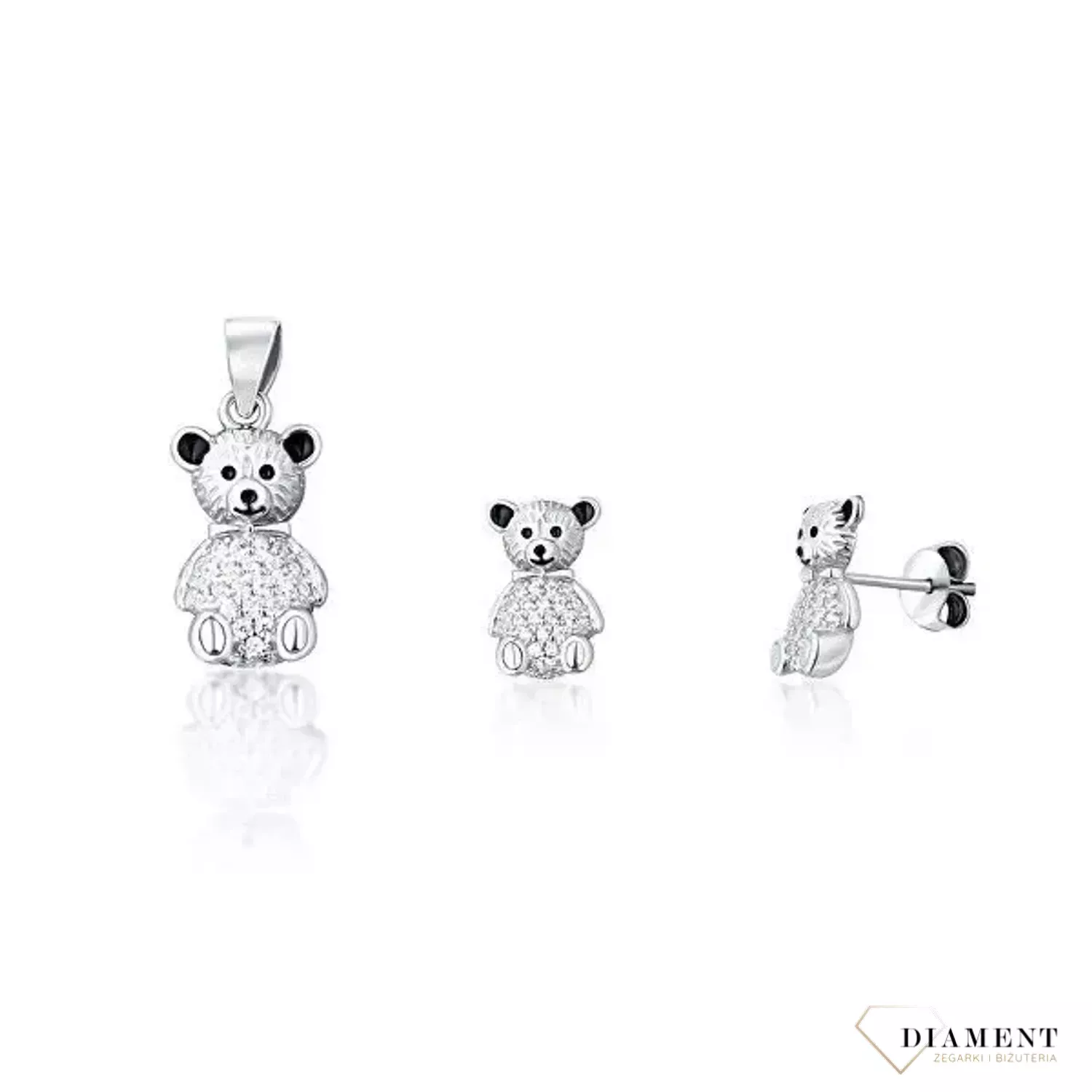 Srebrny komplet dziecięcy kolczyki i zawieszka  Słodkie misie  SVLS0094SF6BI00. Komplet srebrny dla dziewczynki srebro 925. Komplecik dla dziewczynki. Kolczyki misie z łańcuszkiem. Biżuteria na prezent dla dziecka..webp