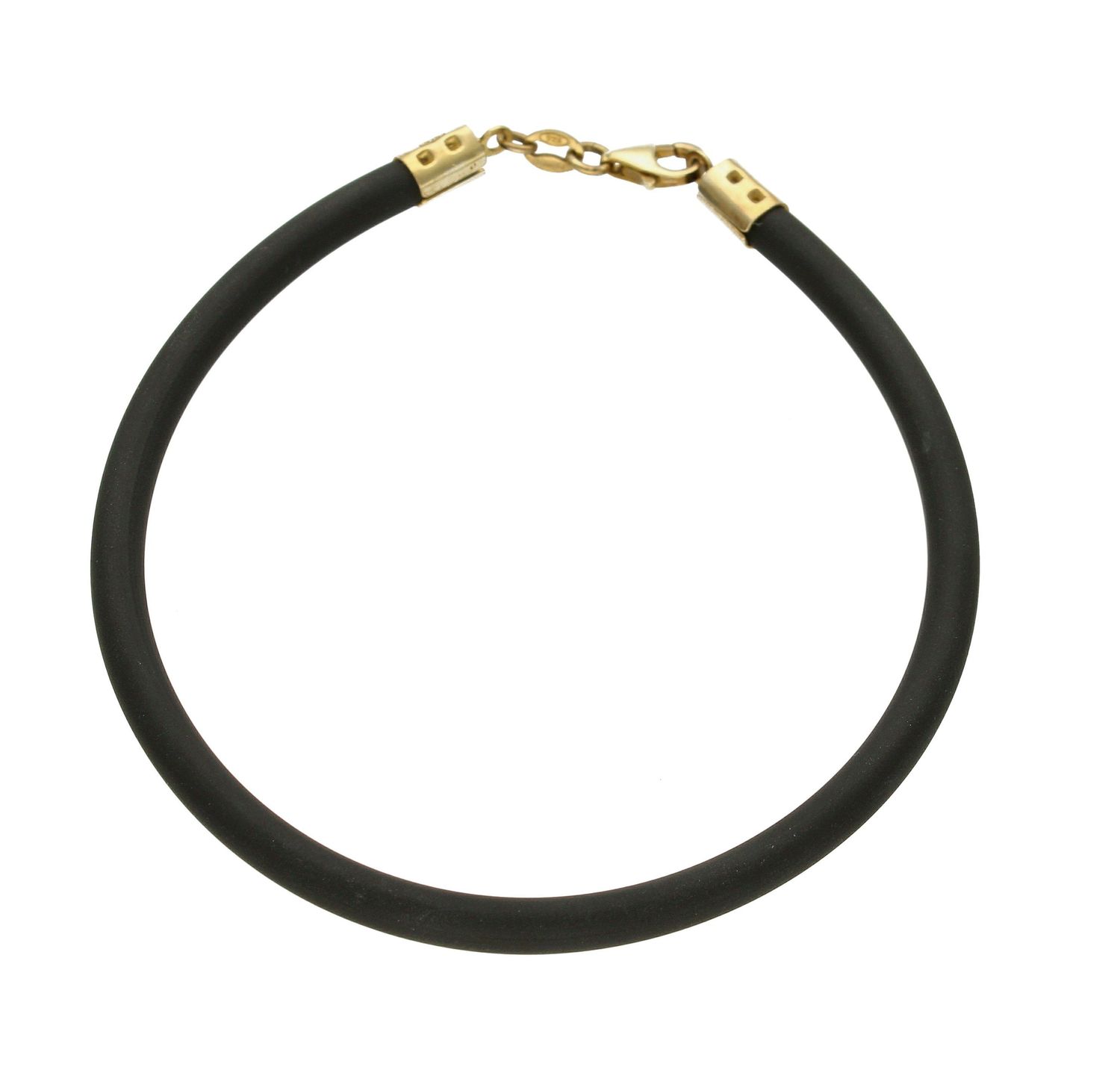 Bransoletka damska z kauczuku czarna ze złotym zapięciem SW-C-000-RNS-SBN8890. Bransoletka damska z kauczuku w czarnym kolorze. Bransoletka ozdobiona złotym zapięciem. Biżuteria posiada zapięcie na karabińczyk. Bransoletkę m.jpg