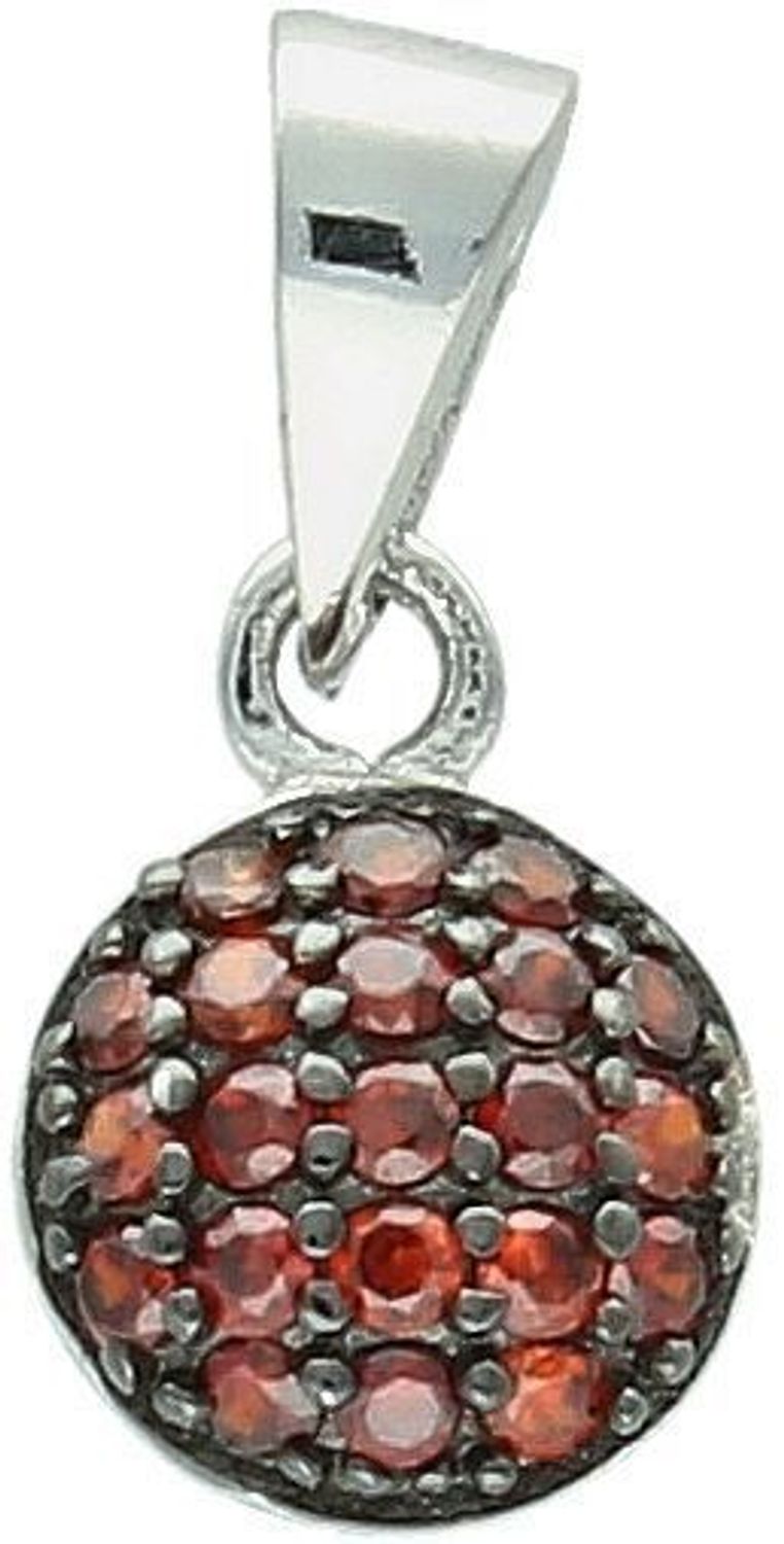 Elegancka srebrna zawieszka damska okrągła z czerwonymi cyrkoniami, wykonana z próby 925. Piękny dodatek do biżuterii, doskonały na prezent. Wymiary 1,3 cm x 6 mm, waga 0,70 g.1.jpg