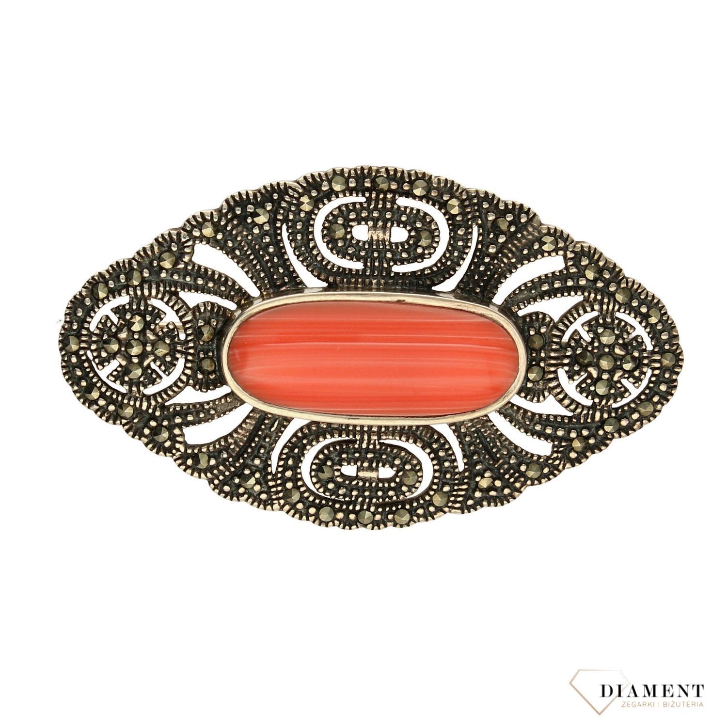 Srebrna broszka owal markazyt i koral syntetyczny SW-T-C15-000-SRZ3487.jpg