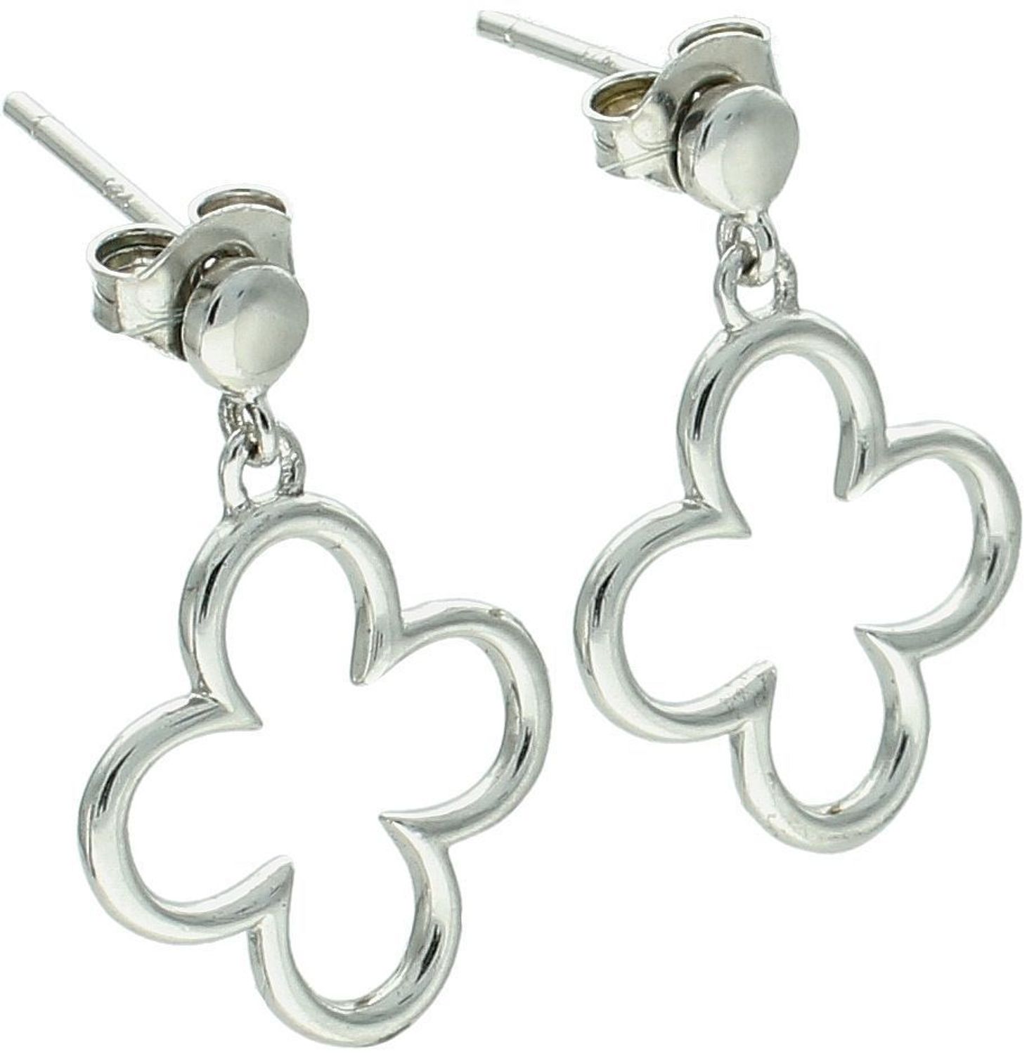 Kolczyki damskie wiszące srebrne próby 925 w kształcie koniczynki. Długość 2,2 cm, szerokość 1,5 cm, zapięcie na sztyft, waga 2,00 g. Model SW-T-C19-HND-IKR0029.1.jpg