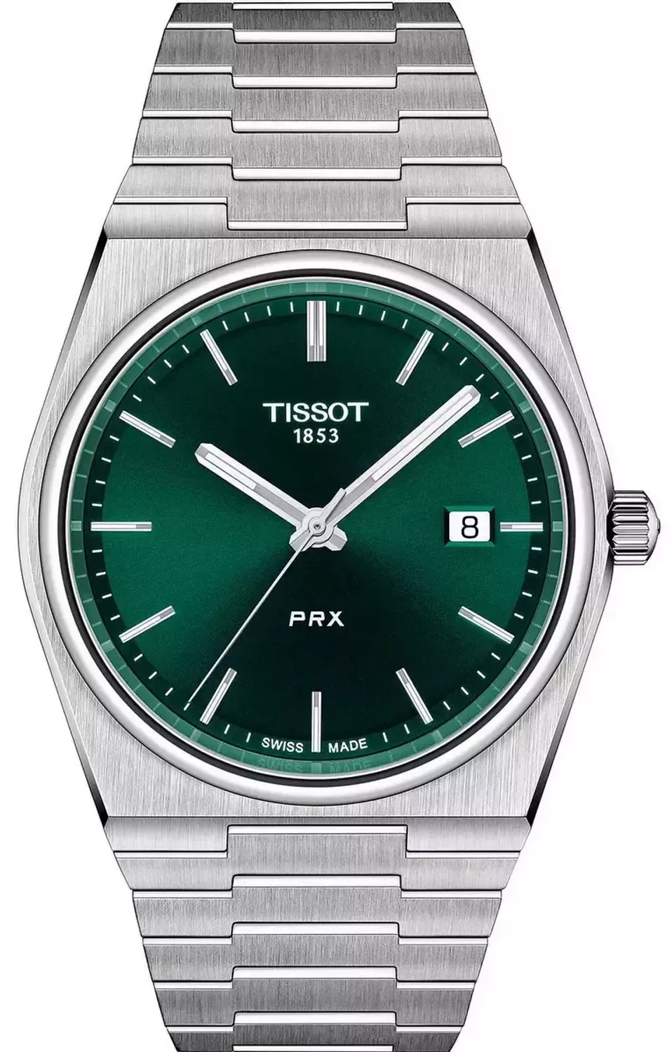 Stylowy zegarek męski Tissot PRX z zieloną tarczą, szkłem szafirowym, szwajcarskim mechanizmem kwarcowym i wodoszczelnością 100M. Klasyka i nowoczesność w jednym.1.webp