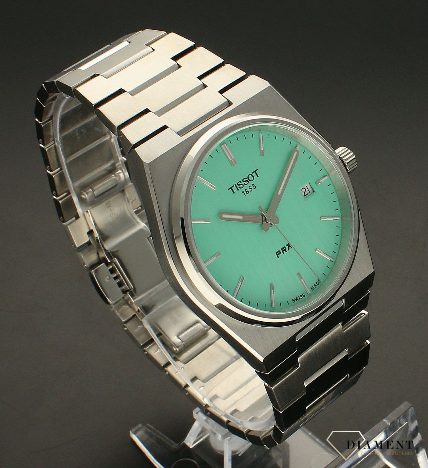 Zegarek męski na bransolecie z zielona tarczą Tissot PRX T137.410.11.091.01  (3).webp