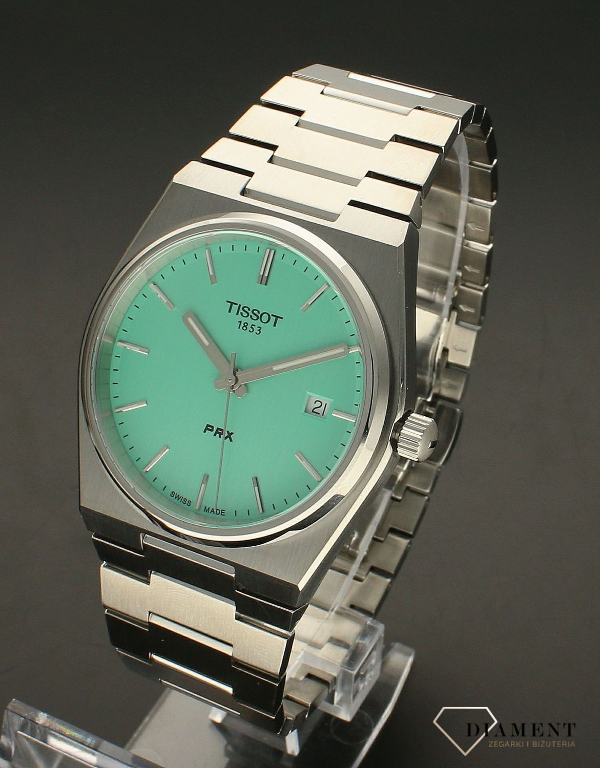 Zegarek męski na bransolecie z zielona tarczą Tissot PRX T137.410.11.091.01  (3).webp