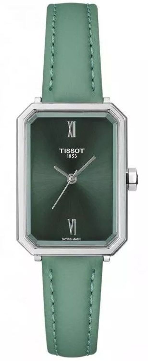 Elegancki damski zegarek Tissot SRV 30 T160.110.16.093.00 z zieloną tarczą, prostokątną stalową kopertą, zielonym skórzanym paskiem i mechanizmem kwarcowym ETA 902.101. Wodoszczelność 5 ATM, 1.jpg
