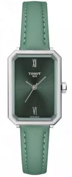 Elegancki damski zegarek Tissot SRV 30 T160.110.16.093.00 z zieloną tarczą, prostokątną stalową kopertą, zielonym skórzanym paskiem i mechanizmem kwarcowym ETA 902.101. Wodoszczelność 5 ATM, 1.jpg