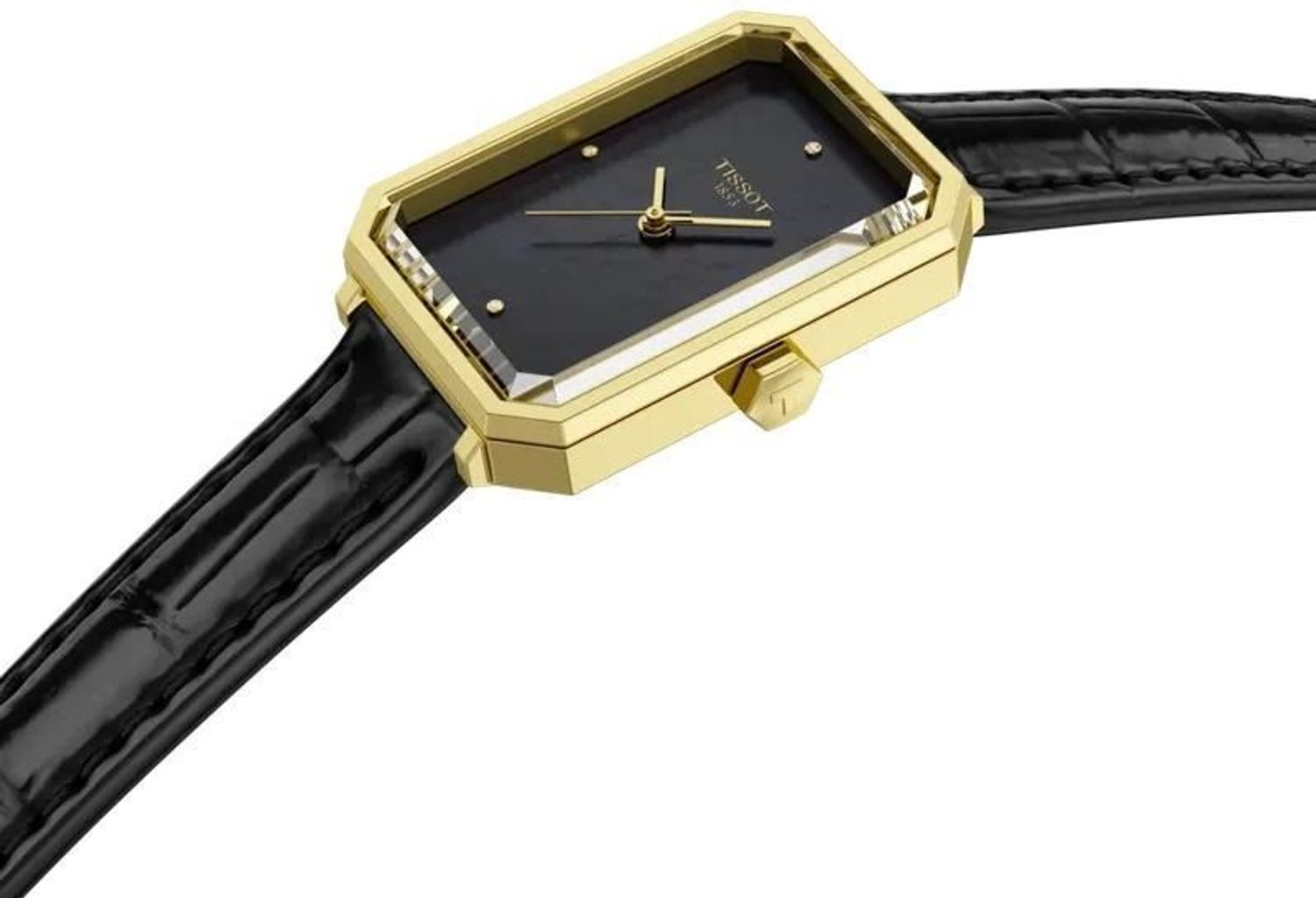 Tissot SRV T160.110.36.126.00 – damski zegarek kwarcowy Art Déco z mechanizmem ETA 902.101, złotą kopertą 30 mm, czarną tarczą z masy perłowej i czarną bransoletą. Wodoszczelność 50 m, szkło 1.jpg