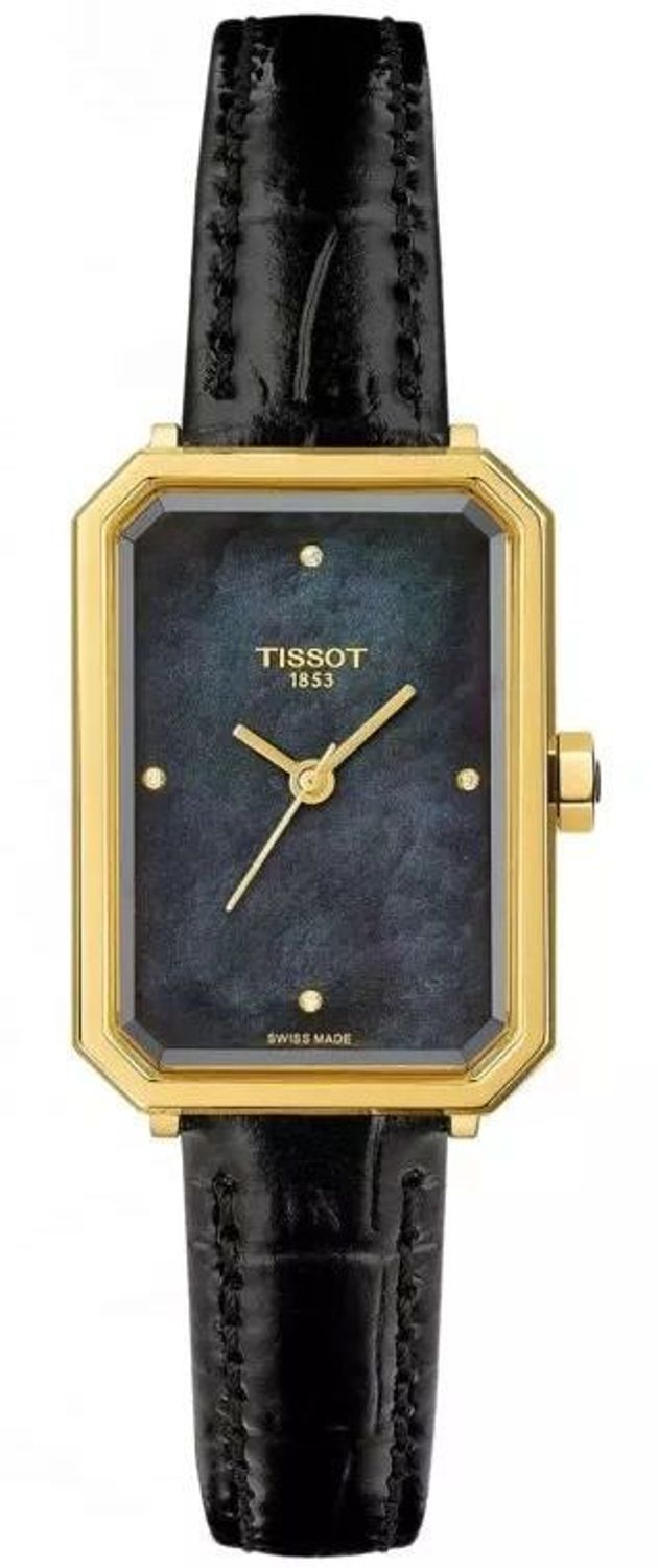 Tissot SRV T160.110.36.126.00 – damski zegarek kwarcowy Art Déco z mechanizmem ETA 902.101, złotą kopertą 30 mm, czarną tarczą z masy perłowej i czarną bransoletą. Wodoszczelność 50 m, szkło 1.jpg