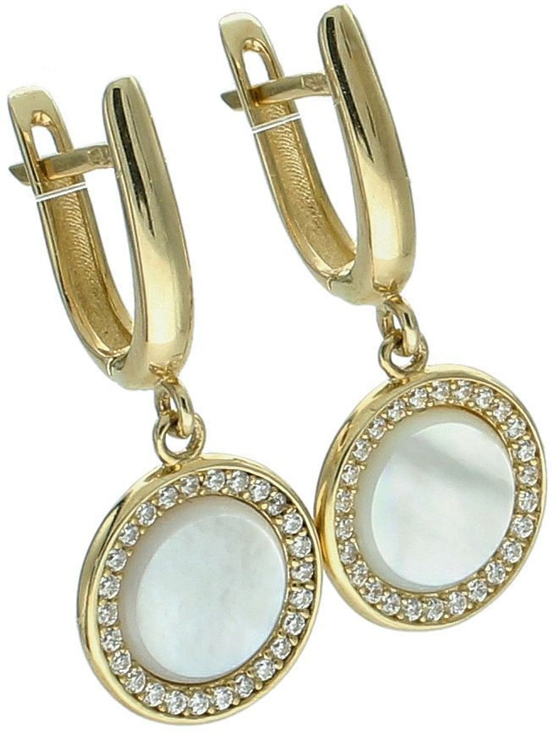 Kolczyki złote wiszące kółeczka z masą perłową i cyrkoniami złoto 585 Au.jpg