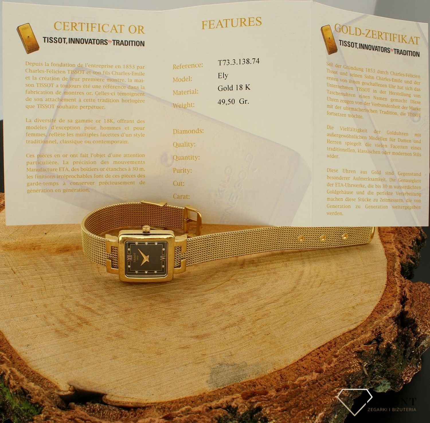 Złoty zegarek damski 18k Gold T73331856 T73.3.318.56. Zegarek złoty Tissot. Złoty zegarek damski. Zegarek z diamentami. Zegarek złoty damski kwarcowy. Zegarek z czarną tarczą złoty Tissot (1).jpg