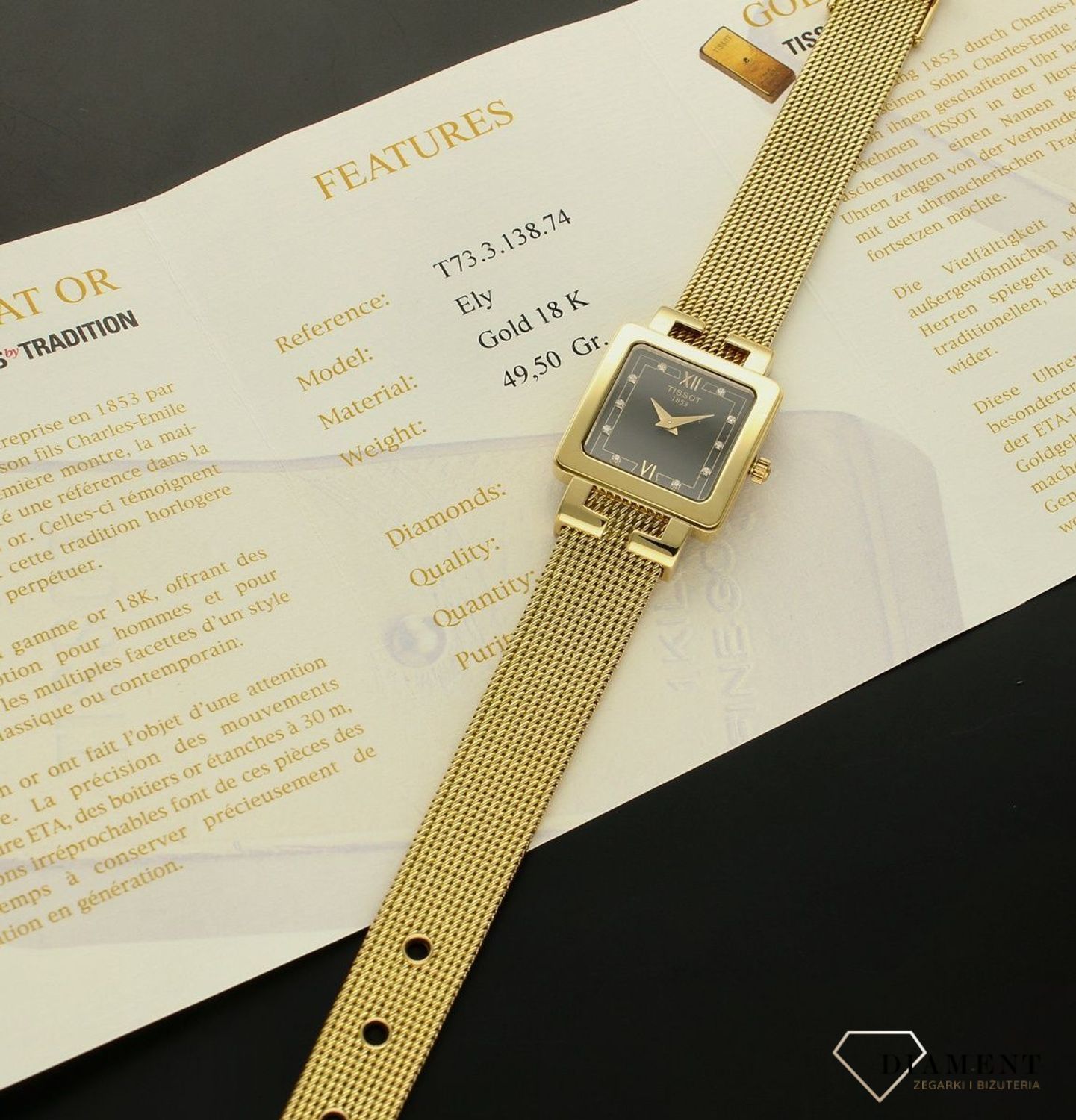 Złoty zegarek damski 18k Gold T73331856 T73.3.318.56. Zegarek złoty Tissot. Złoty zegarek damski. Zegarek z diamentami. Zegarek złoty damski kwarcowy. Zegarek z czarną tarczą złoty Tissot (1).jpg