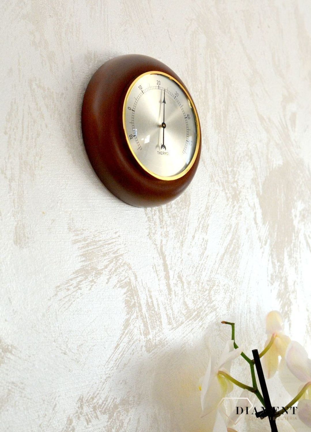 Drewniana stacja pogody Okrągły termometr w obudowie 'Drewno ciemny orzech'TERMOMETR140-09. Termometr do sauny na podczerwień. Idealny na prezent. Okrągły termometr.  (6).JPG